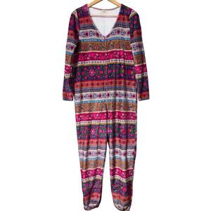 Natural life fleece pajamas one piece jumper oversized floral zip up XS